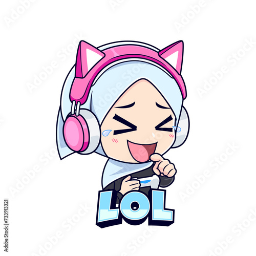 Funny gamer girl laughing face sticker vector illustration