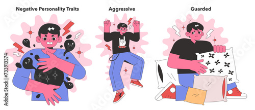 Negative Personality Traits trio. Figures displaying aggression, guarded behavior, and defensiveness. Insight into human emotions and reactions. Flat vector illustration photo