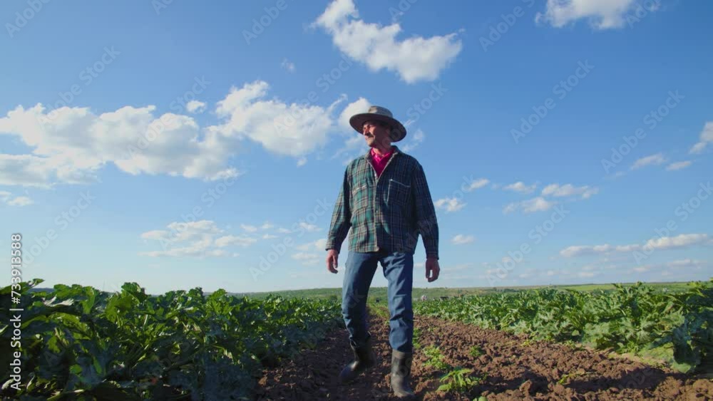 Indian male farmer walks through agricultural field. Indian male farmer walks through agricultural field.