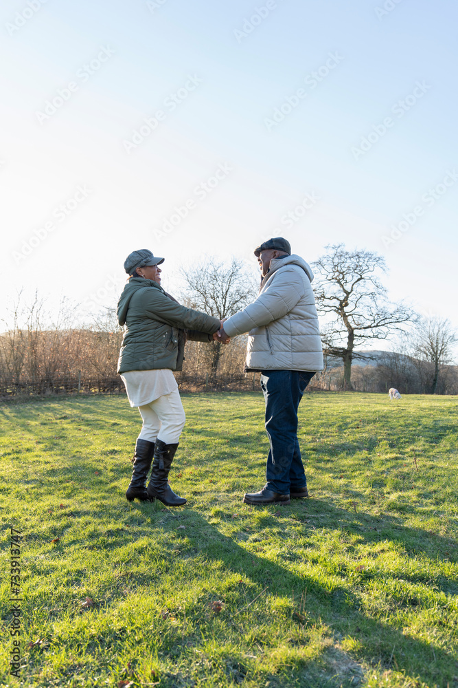 Senior couple holding hands, standing in meadow