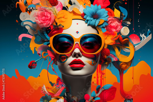 A woman adorned with sunglasses and a floral arrangement on its head on bright collage background. Contemporary modern trendy stylish pop art in bold hues