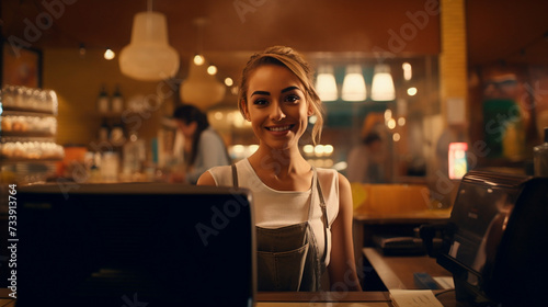 a woman standing behind a counter with a laptop