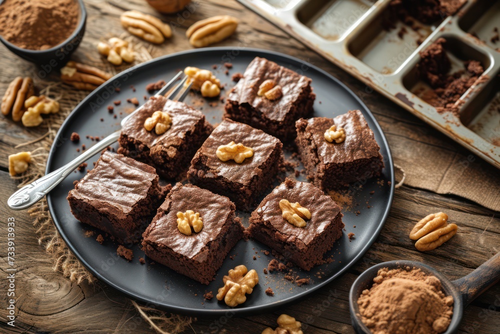 High angle view of various homemade chocolate brownie slices on a black plate surrounded by some brownie crumbs High angle view of various homemade chocolate brownie slices on a black plate surrounded by some brownie crumbs
