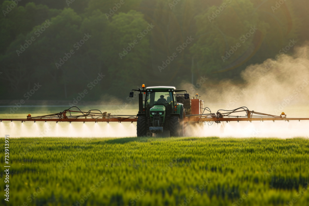 Fototapeta premium Agriculture tractor spraying fertilizer on agricultural field. Smart agriculture farming, agricultural food crops technology concept.