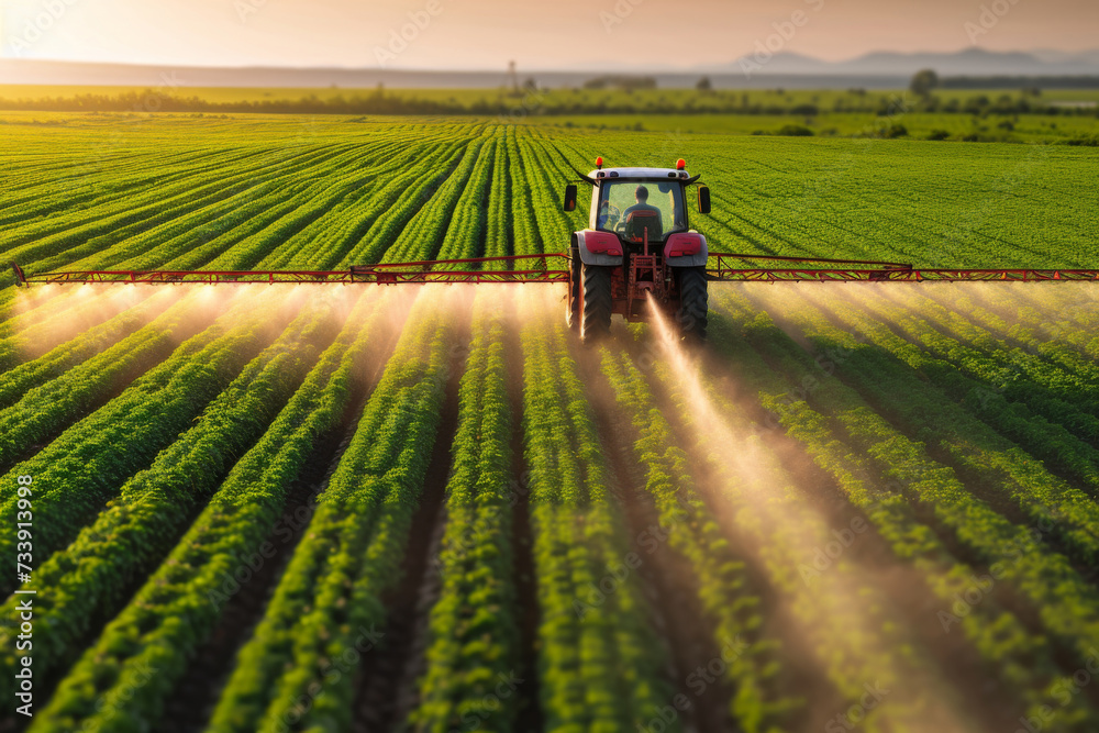 Agriculture tractor spraying fertilizer on agricultural field. Smart agriculture farming, agricultural food crops technology concept. Agriculture tractor spraying fertilizer on agricultural field. Smart agriculture farming, agricultural food crops technology concept.