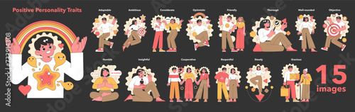 A vibrant collection of vector illustrations showcases a diverse group of people embodying positive personality traits such as adaptability  ambition  and kindness.