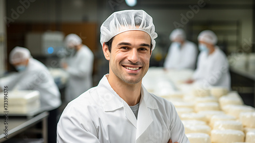 Portrait of food production technician or industry quality control expert looking at camera and smiling at cheese manufacturing factory. 