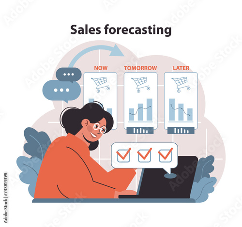 Sales Forecasting Visualization. Insightful projection of future retail trends and sales volumes. A meticulous approach to market anticipation and strategic planning. Flat vector.