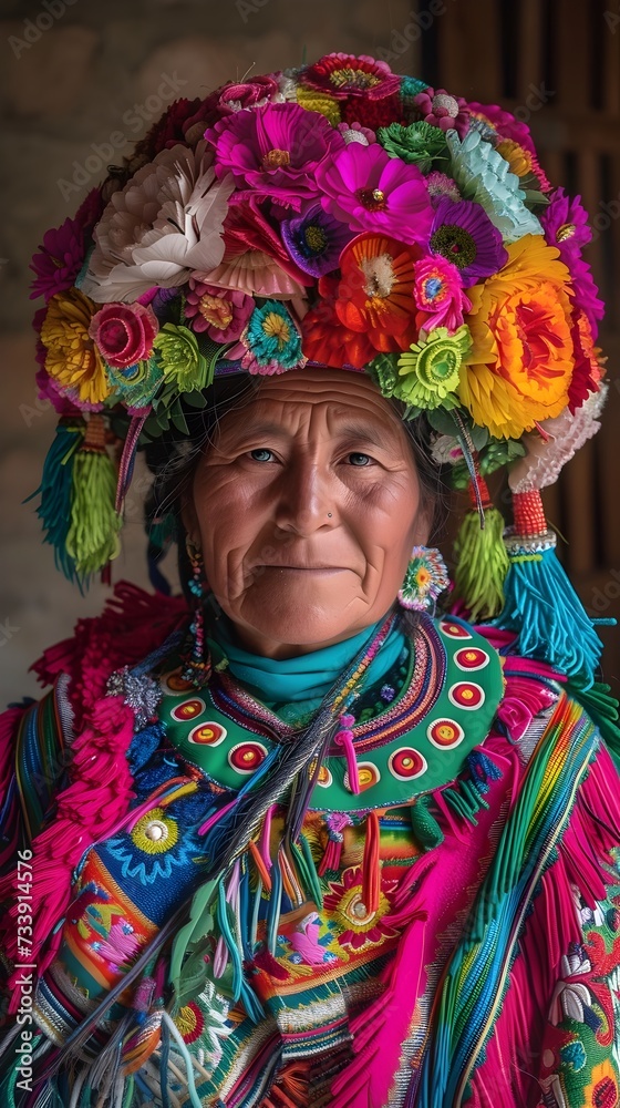 Elderly Woman in Traditional Attire with Colorful Head Cap