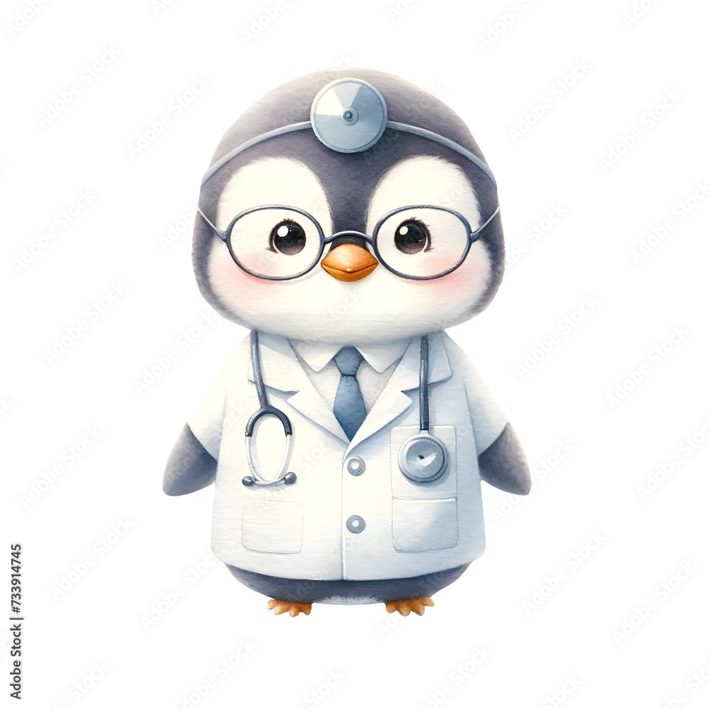 Obraz premium Cute watercolor animal character wearing doctor uniform clipart of penguin