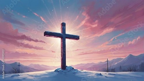 Cross in the snow and mountains with sky view © Naila