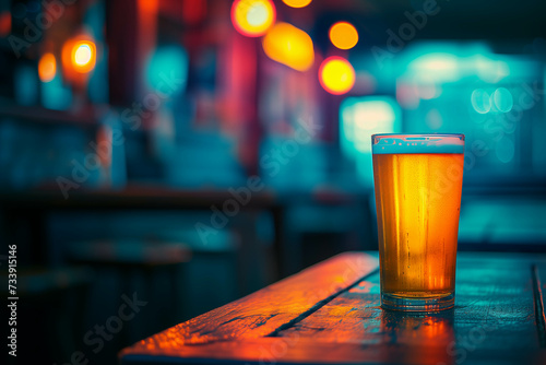 A glass of beer is placed on a table with a background of colorful lights at night.