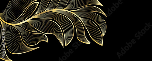 Golden Line art botany banner. Japanese style Hand drawn vector. Line art style design. Concept traditional Asian Card with space for text wedding, invitation, template card Golden frames.