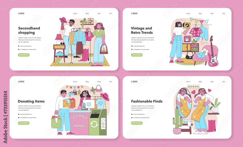 Sustainable style series. Illustrations showcase the joys of secondhand shopping, item donation, vintage finds, and fashion discoveries on a pastel website layout. Conscious consumerism. Vector. Sustainable style series. Illustrations showcase the joys of secondhand shopping, item donation, vintage finds, and fashion discoveries on a pastel website layout. Conscious consumerism. Vector.