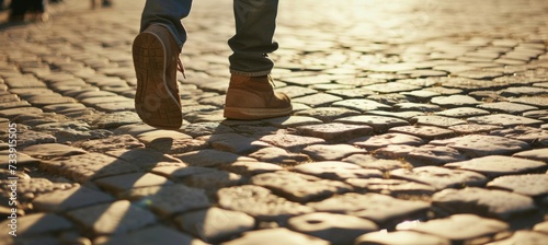 legs of a young man walking down a stony street - hiking/travel concept - low angle shot