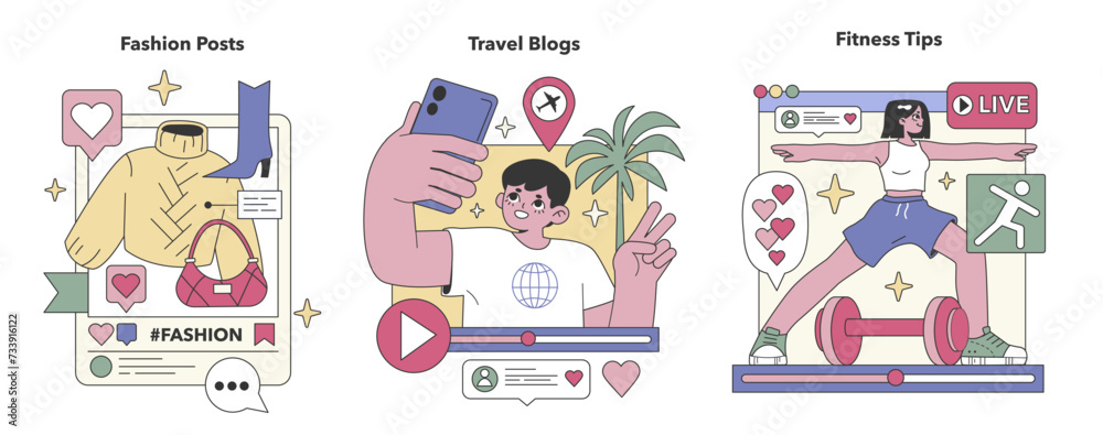 Social Media Content set. Trendsetting fashion, exotic travel destinations, dynamic fitness routines. Style curation, adventure sharing, health inspiration. Flat vector illustration
