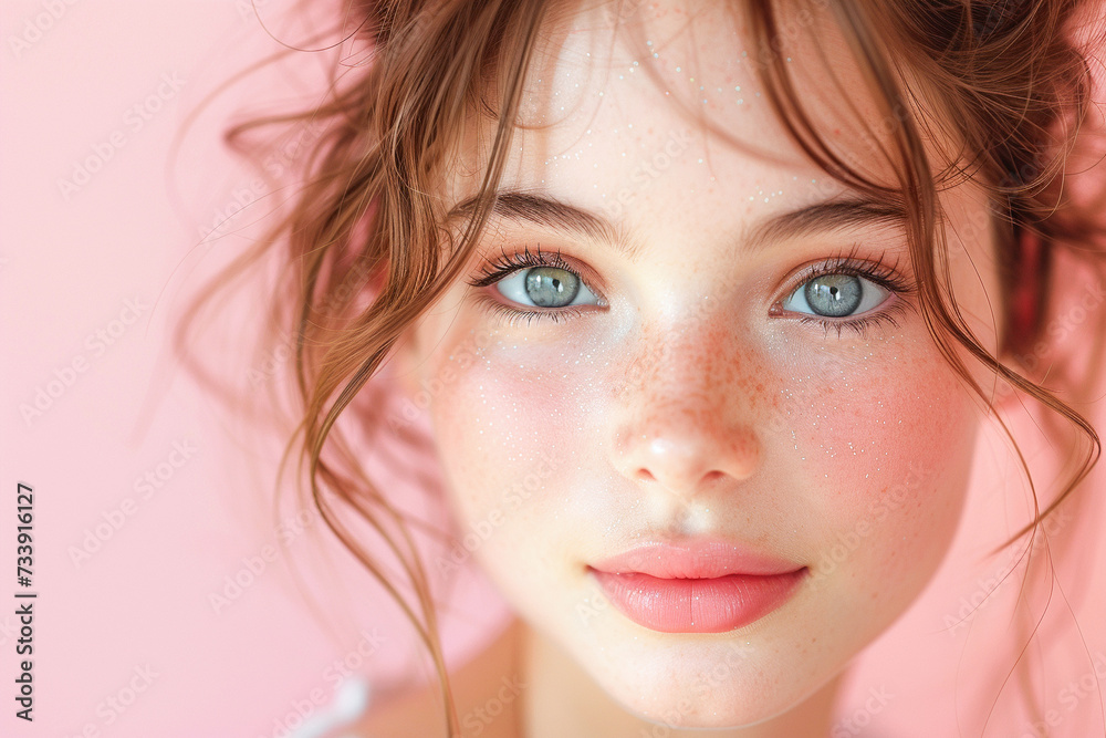 Close-Up Portrait of a Woman With Sparkling Makeup and Striking Blue Eyes Close-Up Portrait of a Woman With Sparkling Makeup and Striking Blue Eyes