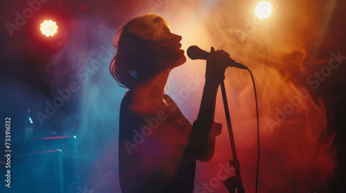 A singer holding a microphone and performing on a stage with lights and smoke
