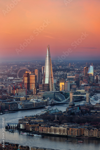 Elevated view of the urban London skyline during dawn just before sunrise, England