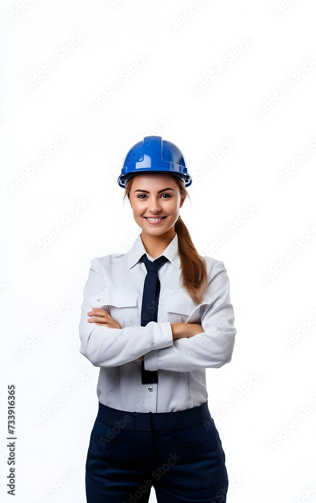 A portrait of a happy female engineer wearing a blue construction helmet and a white shirt. Isolated on a white background.