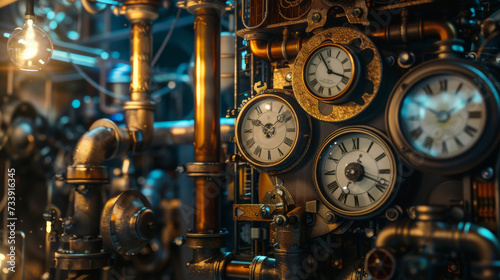 A steampunk style with gears pipes and clocks 