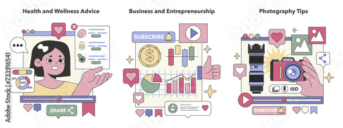Social Media Content set. Health advice, business strategies, and photography guidance. Wellness tips, entrepreneurial insights, camera skills. Flat vector illustration