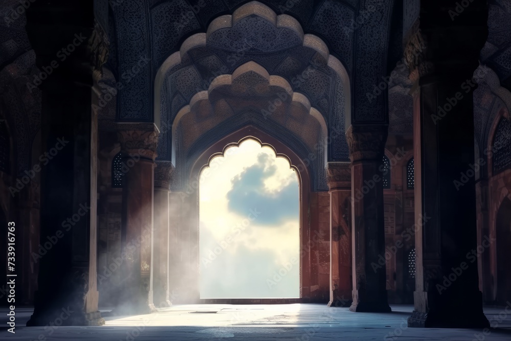 Light streams through mosque arches illuminating the space with a serene glow, mosque silhouettes picture