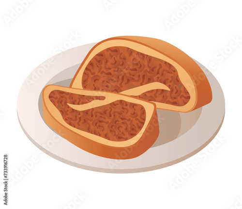 Ukrainian dish of colorful set. An illustration blending artistic design and whimsical cartoon elements to depict a savory traditional meat dish. Vector illustration.