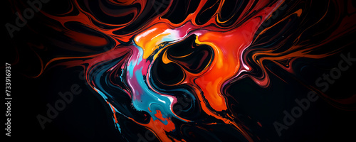 a colorful swirl of paint on black background. Mix color liquid splashes, swirl and waves with scatter drops. paint, oil or ink splashing dynamic motion