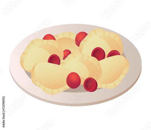 Ukrainian dish of colorful set. The mouthwatering charm of a classic Vareniks in illustration combines detailed design and lively cartoon motifs, set against a simple white background.