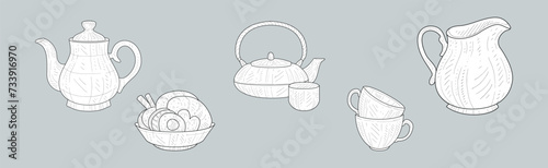 Tea Hand Drawn Object with Teapot, Cup and Sweets Vector Set