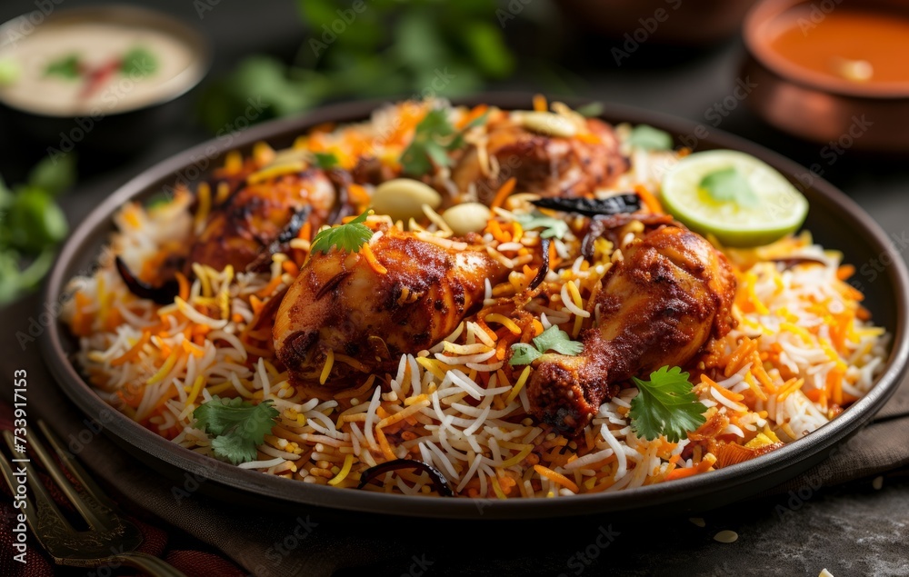 A plate of indian chicken biryani with rice and chutney, chicken biryani concept