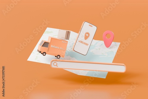 Truck express delivery with smartphone shipping navigation pin pointer map location GPS online delivery parcels box or cardboard box and searchbar concept. minimal cartoon style creative. 3d rendering photo