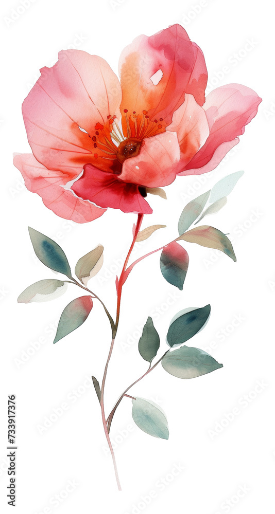 Elegant, hand-painted watercolor soft flower with leaves, perfect as an embellishment for wedding invitations, greeting cards, and other stationery projects. Isolated PNG transparent background.