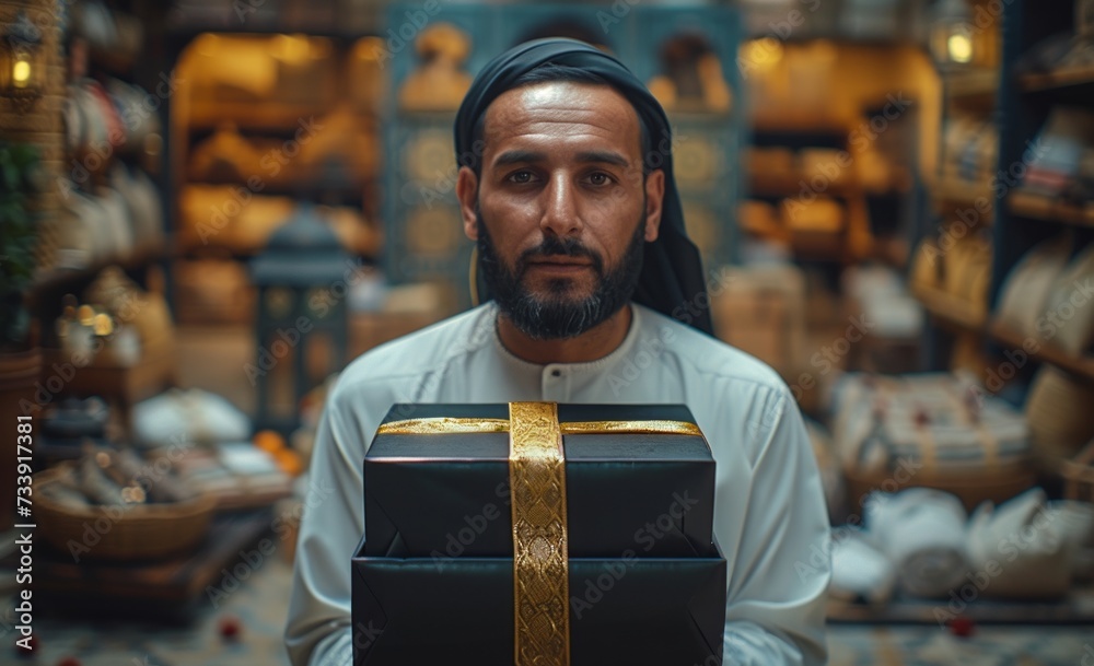 A muslim man presents a black gift box against a white backdrop with a gold ribbon, eid gifts and presents photo