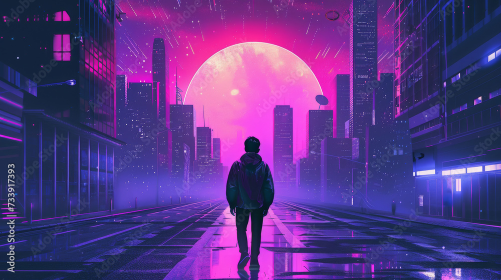 a young man person walks in alley a synthwave sci-fi cyberpunk futuristic city with skyscrapers buildings in neon pink and purple colors. wallpaper background a young man person walks in alley a synthwave sci-fi cyberpunk futuristic city with skyscrapers buildings in neon pink and purple colors. wallpaper background