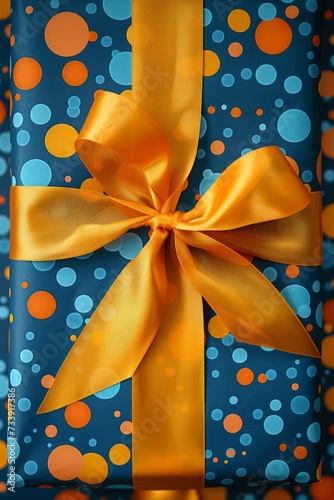 A gift wrapped in blue and orange paper with a yellow ribbon, eid gifts and presents concept