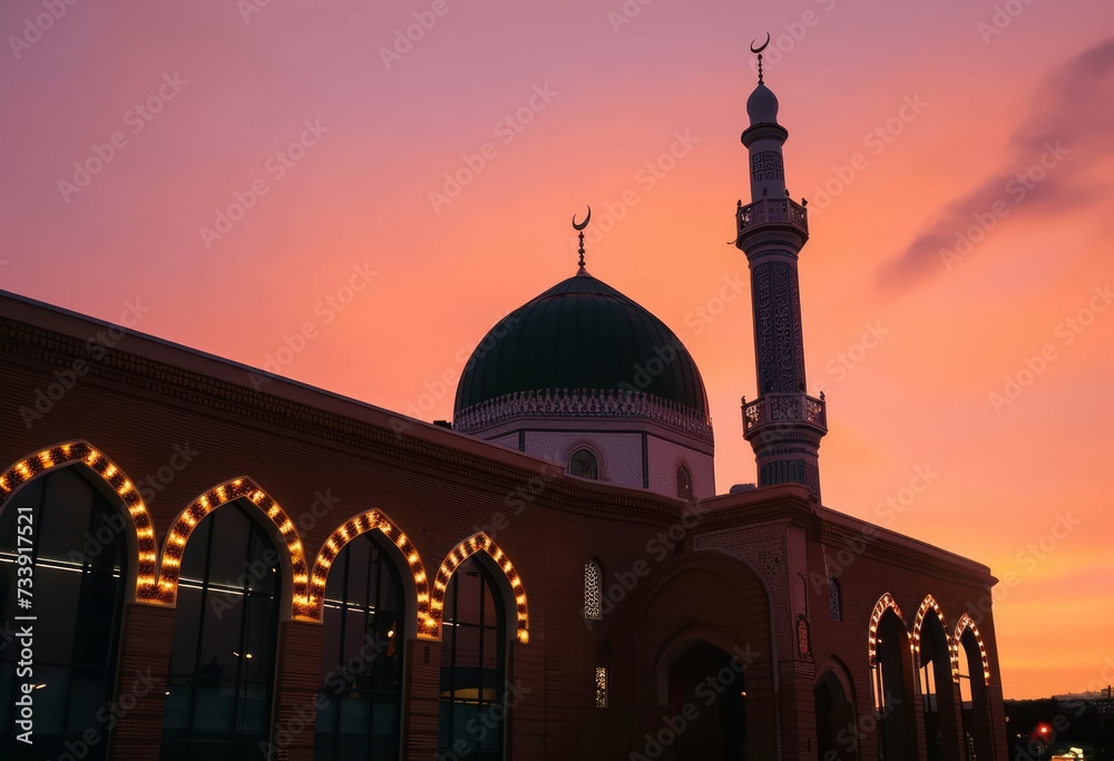 Mosque stands at dusk with illuminated huzurah, mosques picture