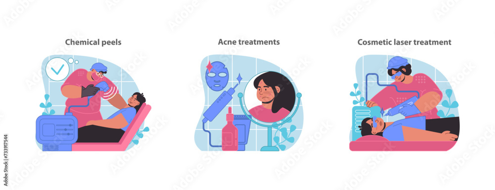 Skincare procedures set. Featuring chemical peels, targeted acne treatments, and advanced cosmetic laser techniques. Flat vector illustration.