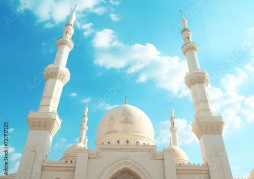 A mosque with four minarets stands out against a sky blue background, mosques image