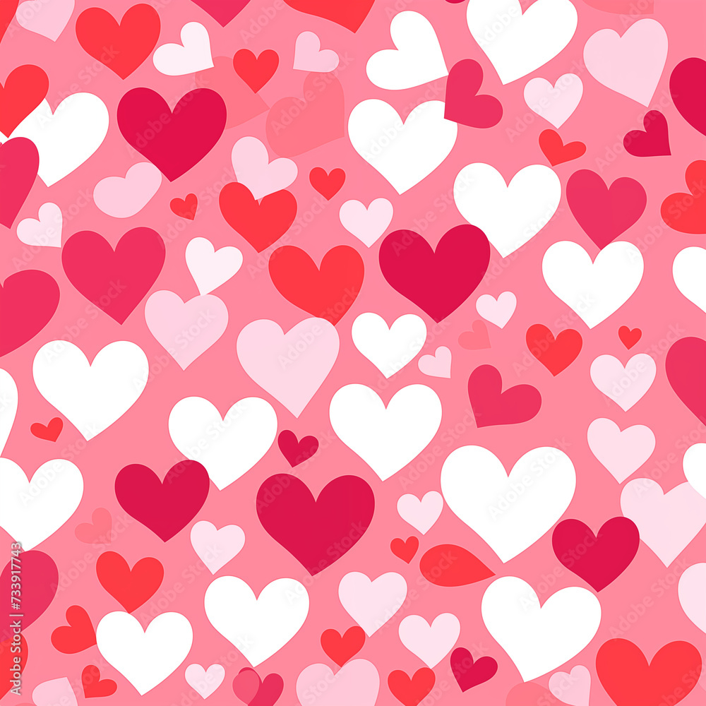 seamless pattern two hearts hugging each other on a pink background, red hearts, they are in love, heart eyes, Vector illustration, digital medium, contemporary era, flat colors, primarily shades of r