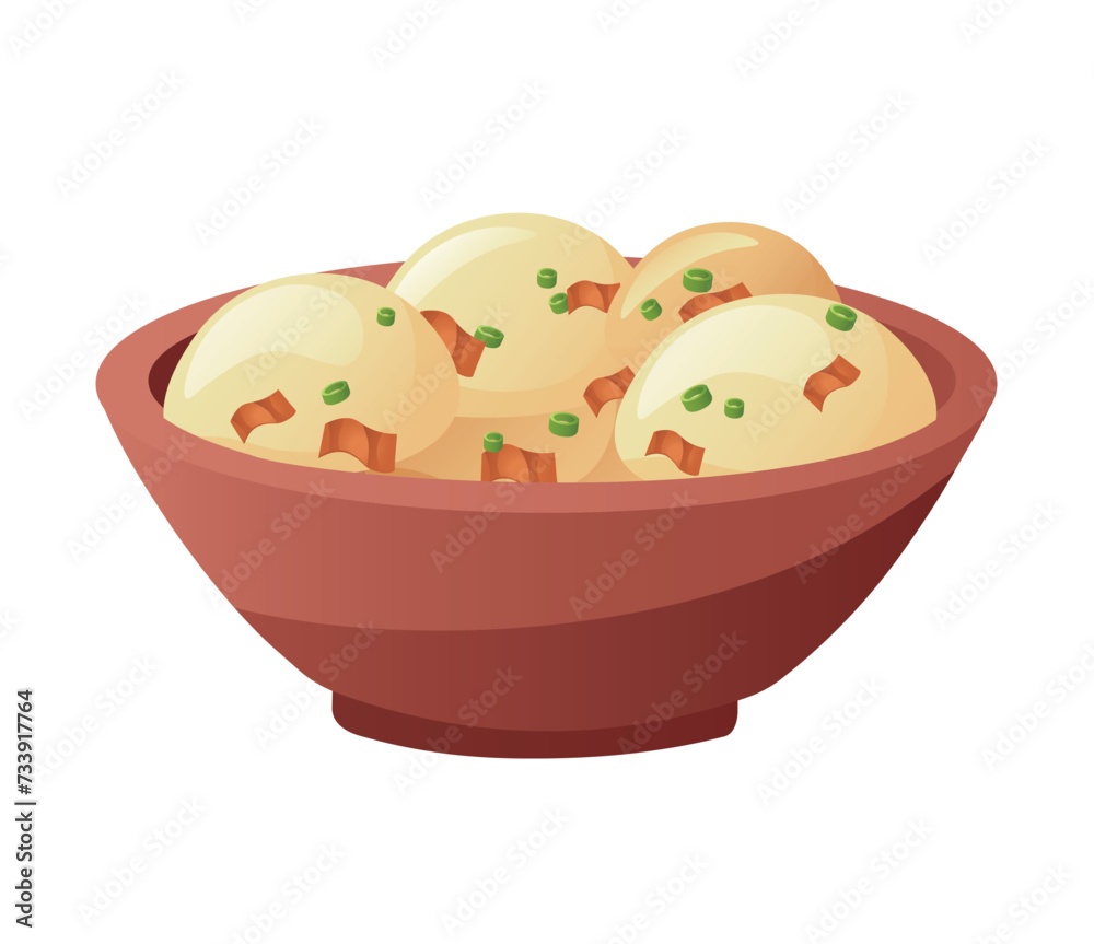 Ukrainian dish of colorful set. This image expertly combine intricate design and cheerful cartoon elements to highlight the allure of a mouthwatering traditional dish - Vareniks. Vector illustration.