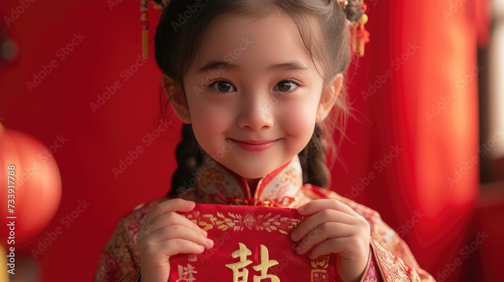 Chinese Lunar new year, Little Girl Holding a Red Packet With Chinese Writing Chinese Lunar new year, Little Girl Holding a Red Packet With Chinese Writing