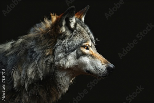 Wolf profile portrait on black background - generative ai