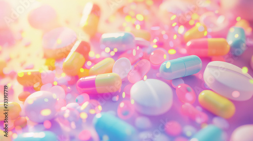 Colorful tablets and capsules in different sizes and forms. Colorful background.