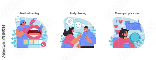 Aesthetic service set. Dental brightening, body ornamentation, and facial makeup techniques for enhanced beauty. Flat vector illustration.