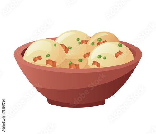 Ukrainian dish of colorful set. This image expertly combine intricate design and cheerful cartoon elements to highlight the allure of a mouthwatering traditional dish - Vareniks. Vector illustration.