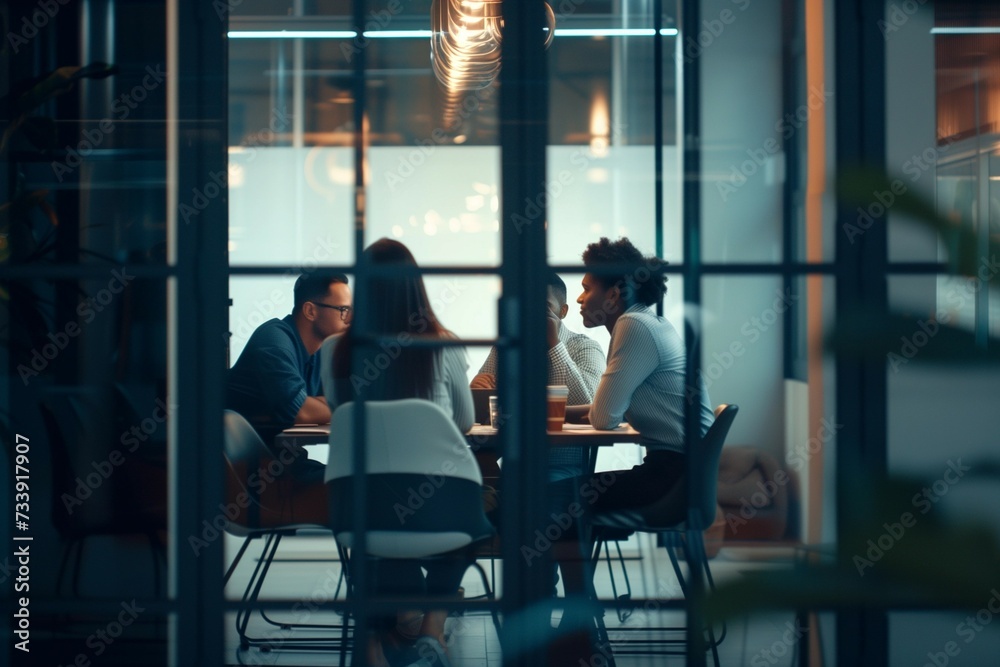 Candid shot through doorway of diverse business team and female leader discussing teamwork at large table. Group of young entrepreneurs negotiating, networking in modern office meeting room Candid shot through doorway of diverse business team and female leader discussing teamwork at large table. Group of young entrepreneurs negotiating, networking in modern office meeting room