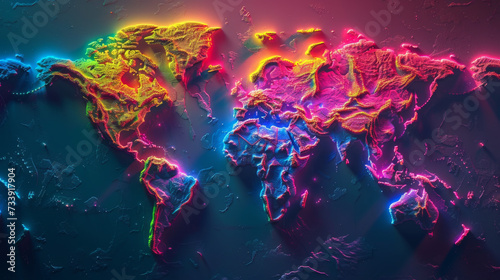 Abstract map of continents. Globalization and geopolitics in high-tech world of future. 3D illustration of communications and data exchange in a virtual network. Bright, juicy, neon colors
