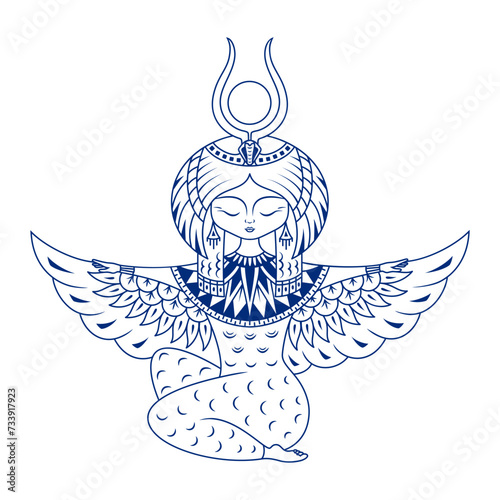 Isis is the ancient Egyptian goddess of fertility, love, magic and the afterlife. Vector illustration in outline style. Pagan goddess symbol of motherhood and devotion.